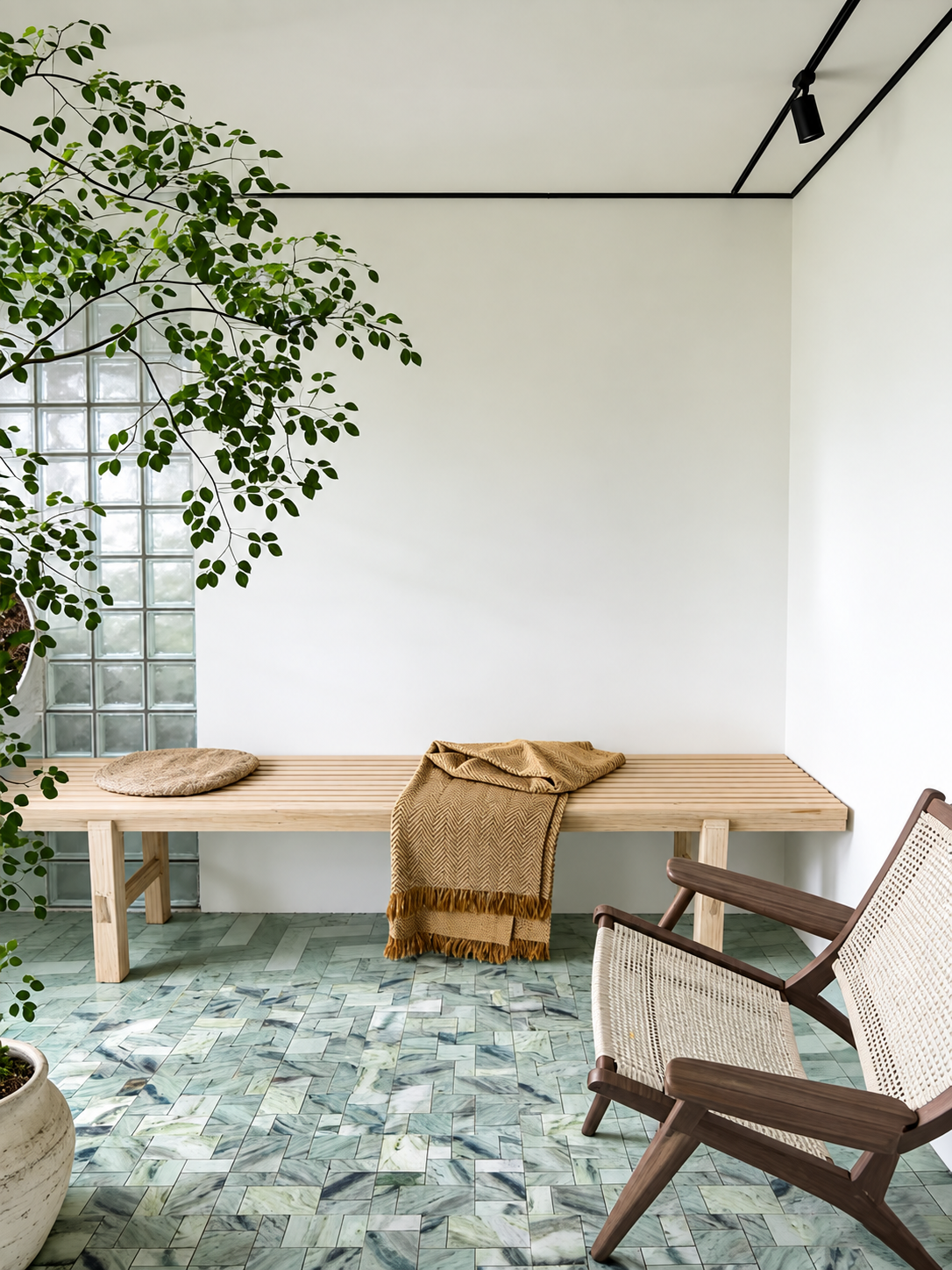 A modern interior scene with a light wood bench against a white wall, a tan throw blanket draped over it, a woven chair in the foreground, a potted plant on the left, and a patterned tile floor.