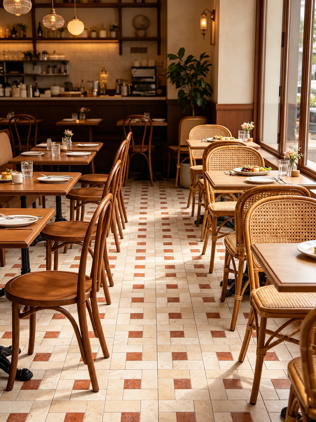 A cozy restaurant interior with wooden dining tables and woven cane chairs arranged along a tiled floor, with warm lighting and a cafe counter in the background.