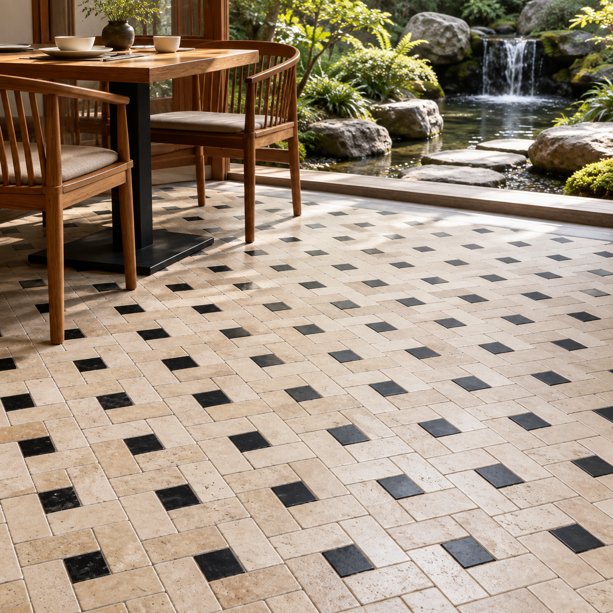 Outdoor patio flooring made of beige rectangular stone tiles with a repeating black square pattern, shown beside a wooden dining table and chairs with a garden pond and waterfall in the background.
