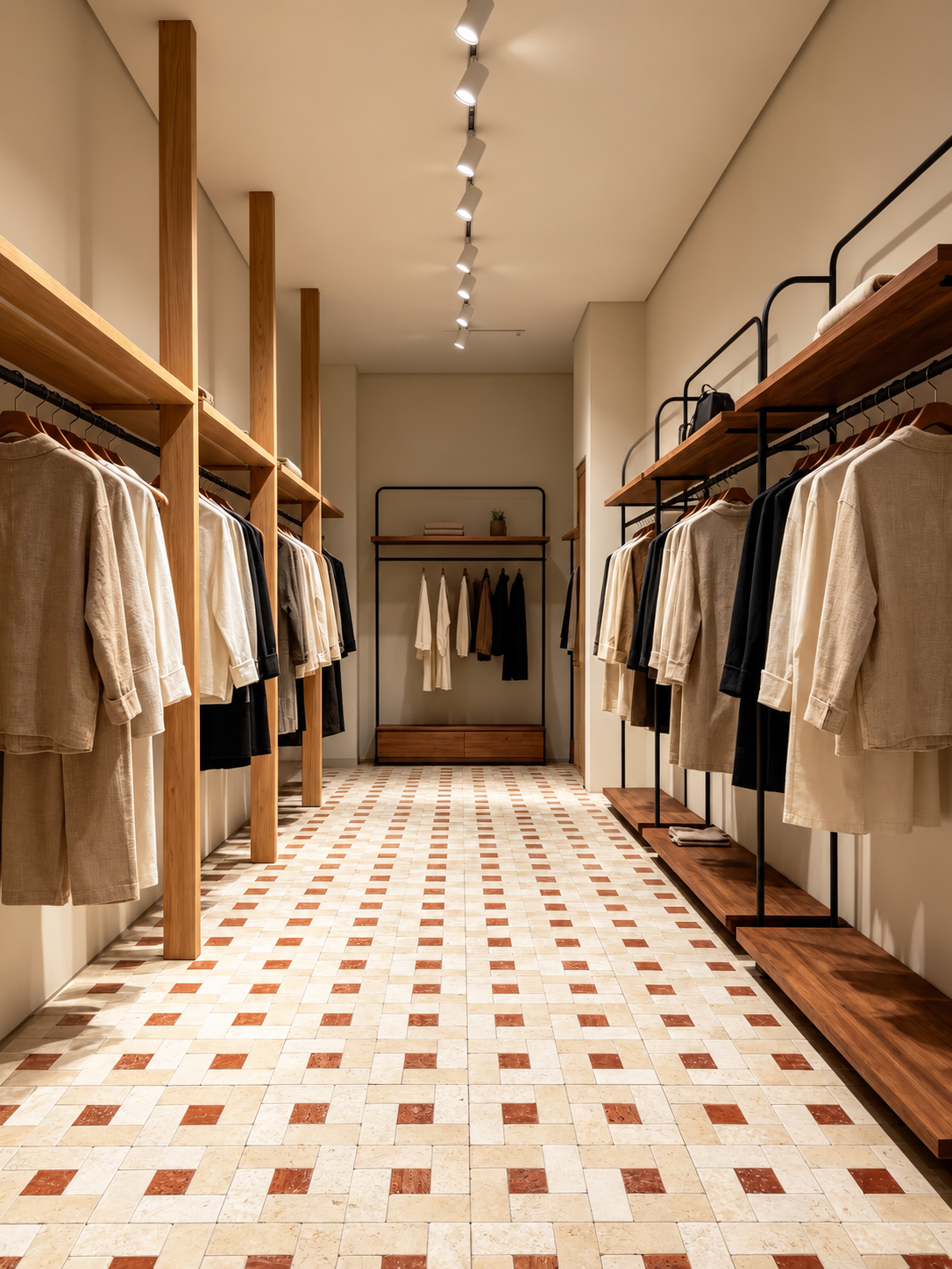 A long boutique interior with clothing racks on both sides, neutral garments hanging in beige, cream, black, and white, a patterned tile floor, and warm track lighting overhead.