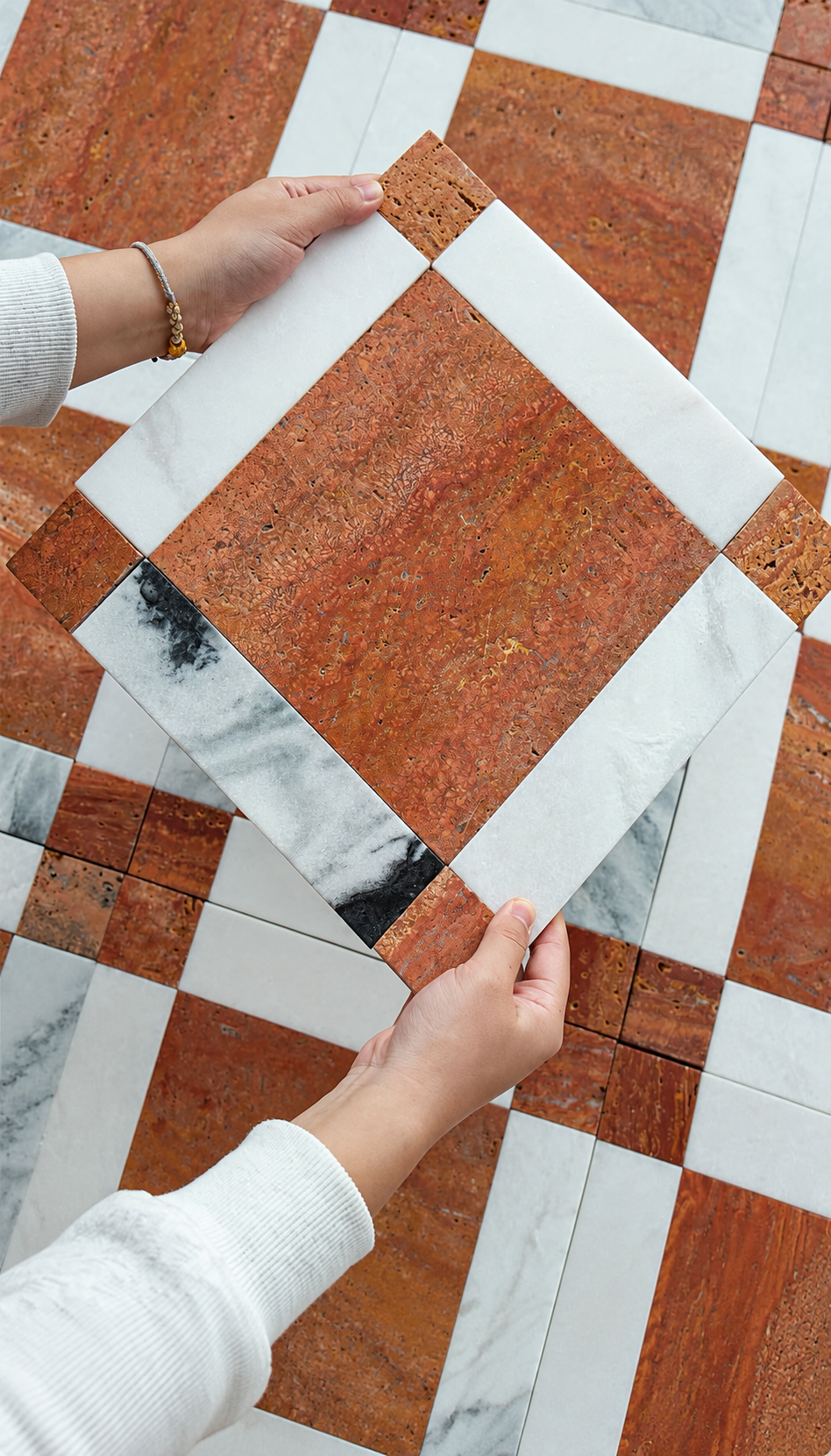 A person's hands holding a square tile sample with a terracotta orange center, white border, and small black marble accents, set against a larger checkered floor of matching tiles.