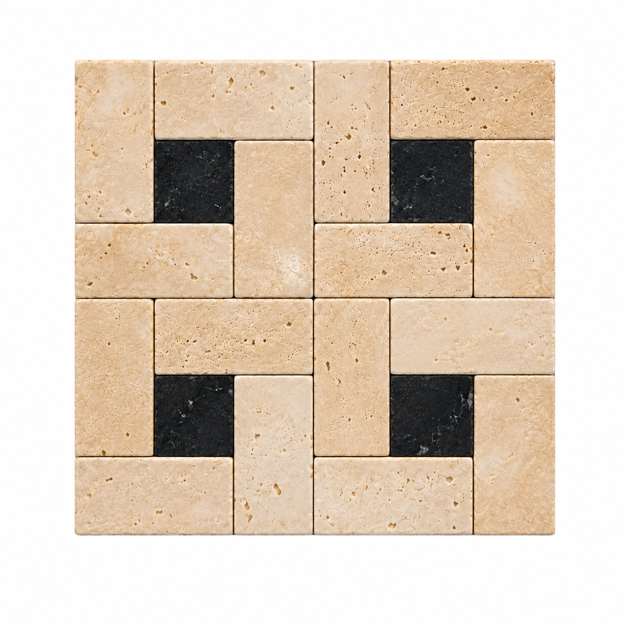 A square mosaic tile sample featuring a geometric pattern of light beige travertine-like stone tiles with four black stone inset squares, shown on a plain white background.