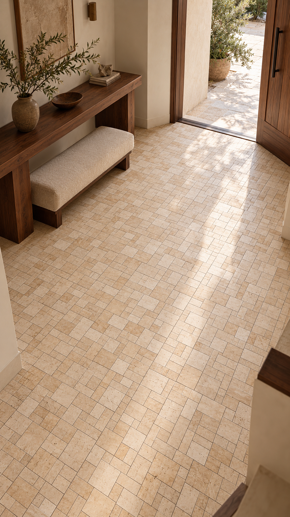 A warm beige stone tile floor in a modern entryway, with a wooden console table, upholstered bench, and open doorway leading to a sunlit outdoor patio.