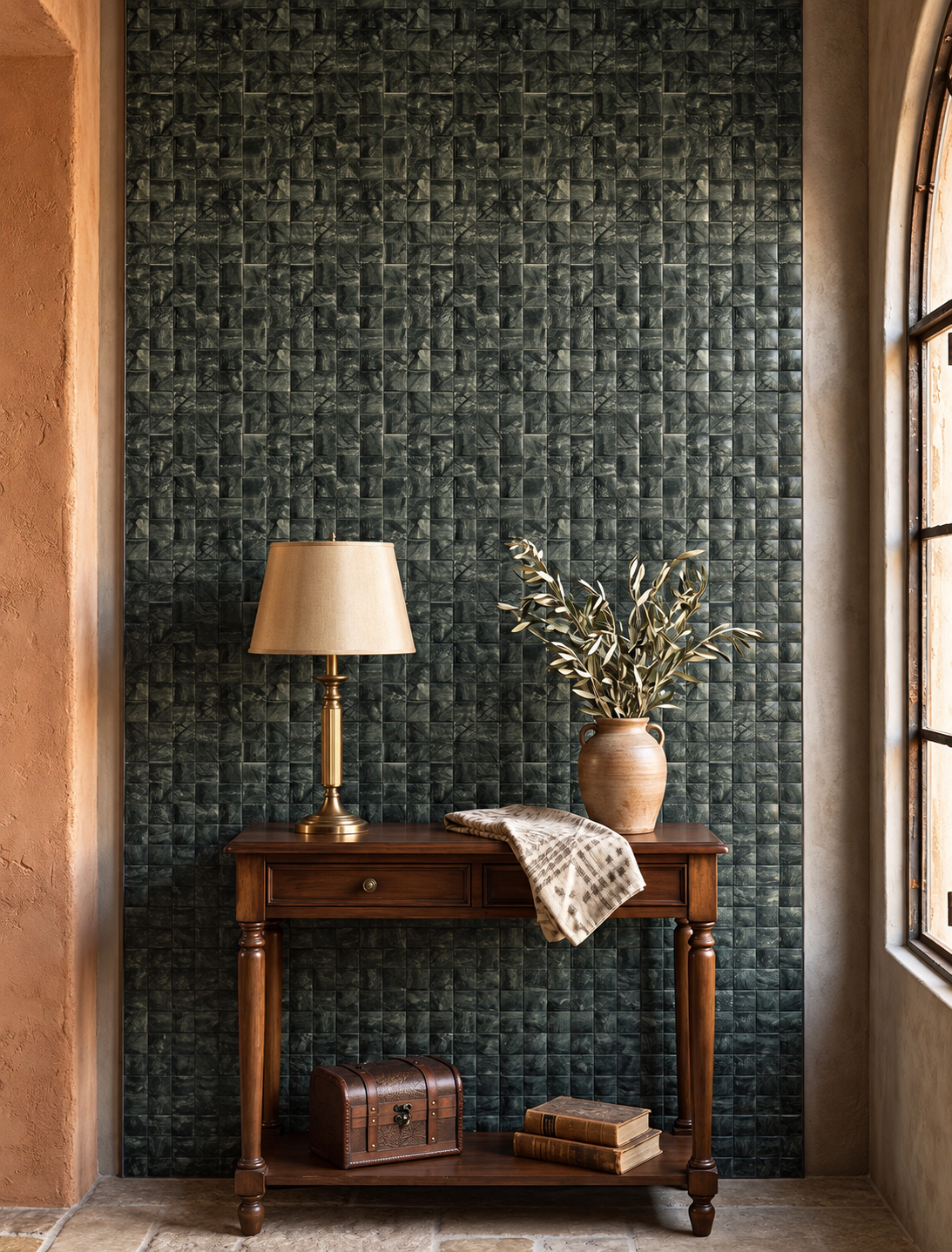 Dark textured wallpaper with a woven basketweave pattern in charcoal and green tones, styled behind a wooden console table with a table lamp and a vase of branches.