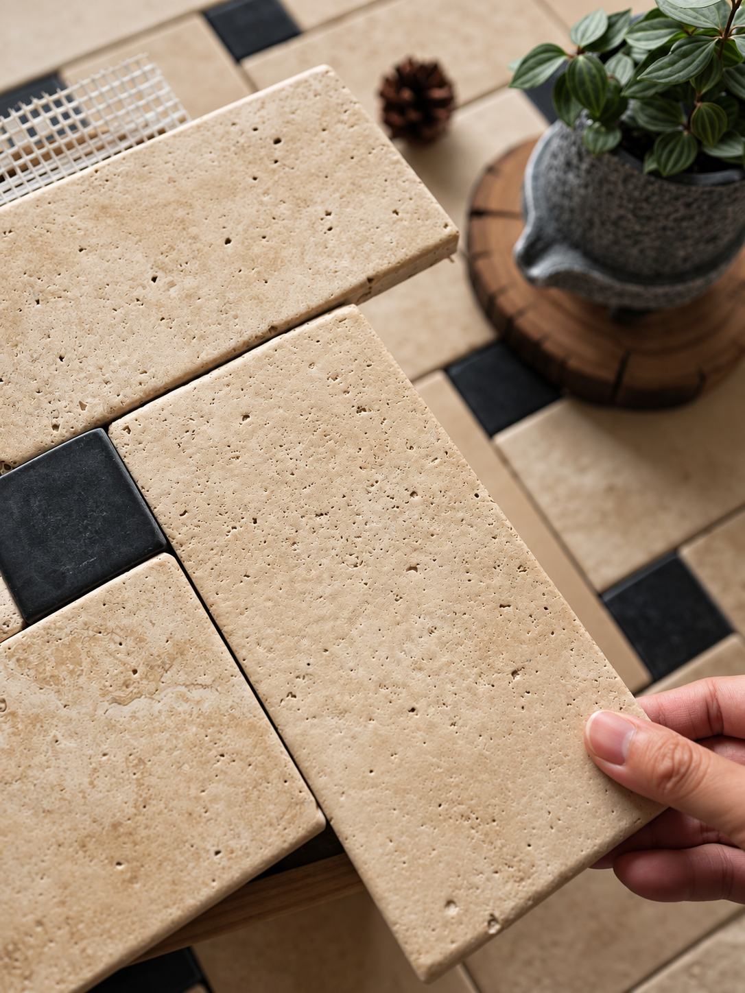 Beige travertine stone rectangular tiles with a natural porous texture, arranged on a wooden surface with a small potted plant and a hand holding one tile to show its thickness.
