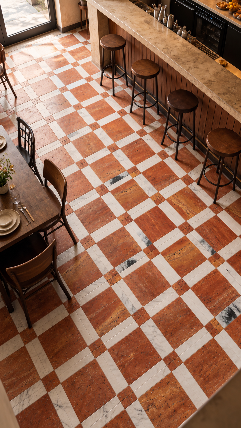 A high-angle view of a kitchen and dining area featuring a checkered floor with alternating terracotta brown and white marble-look tiles. The space includes a wooden bar with three dark bar stools, a dining table with chairs, and a stone-topped counter.