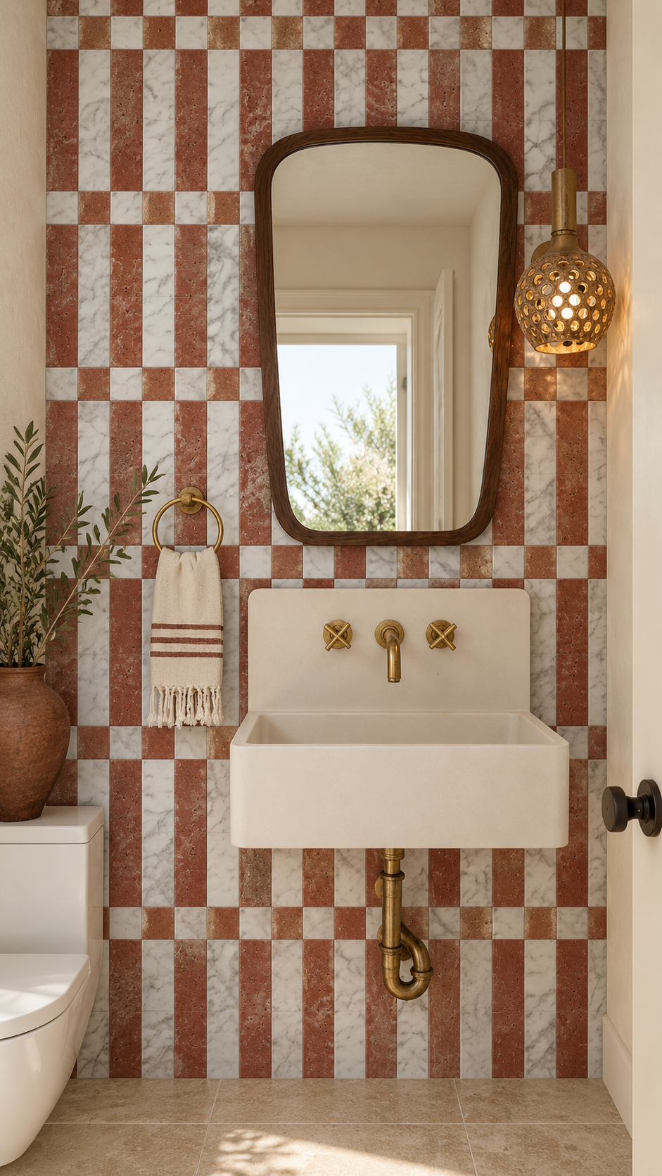 A wall-mounted white ceramic sink with a rectangular mirror and brass faucet set, set against a terracotta and white marble checkered tiled wall. A warm gold sconce light hangs to the right, and a folded towel is on a ring holder to the left.