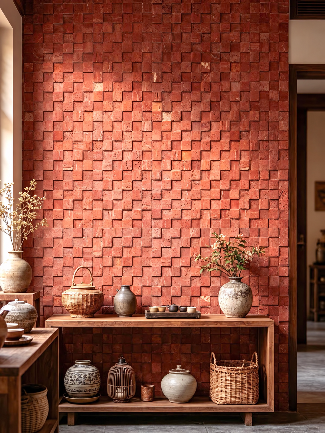A warm terracotta red textured wall tile or plaster panel mounted on a wall in a styled interior, with a wooden console shelf below holding ceramic vases, baskets, and decorative objects.
