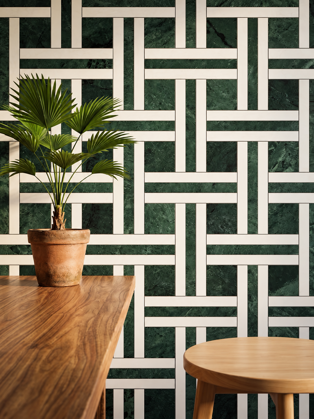 A styled interior scene featuring a geometric wallpaper pattern with dark green marble-look horizontal slats and white vertical intersecting slats, behind a wooden table with a potted palm and a light wood stool.