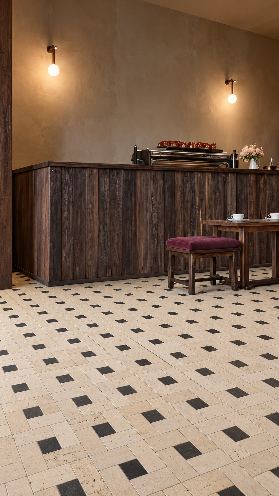 A styled interior scene showing a patterned floor made of beige stone tiles with repeating black square accents, a dark wood counter, a small wooden table, and a purple cushioned stool against a warm beige wall with wall-mounted lights.