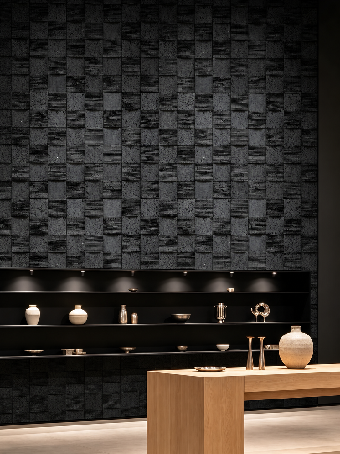 A modern interior scene with a dark textured wall made of square tiles, built-in shelving with small decorative objects, and a light wood table in the foreground holding a beige ceramic vase.