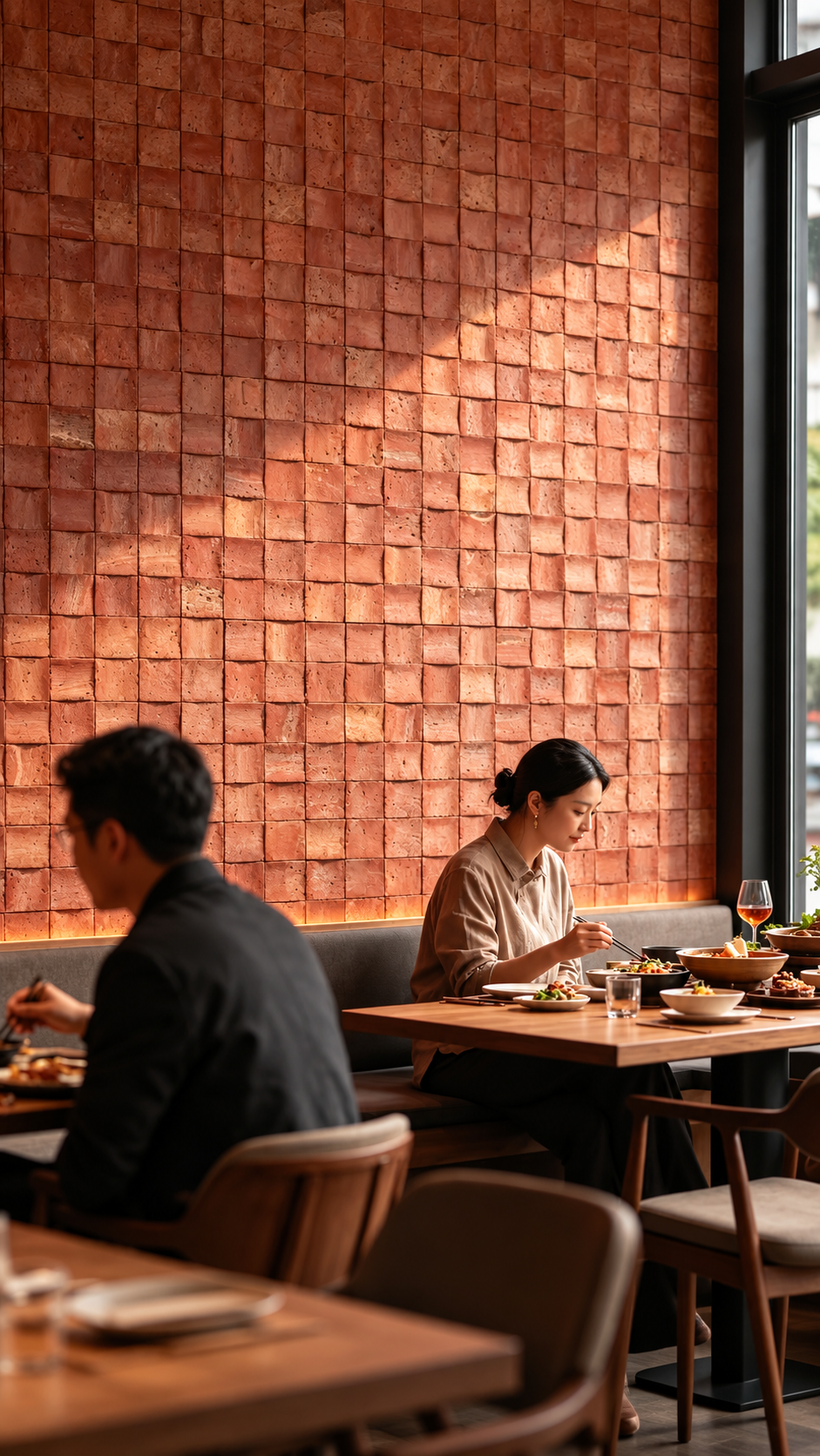 A warm, sunlit restaurant interior with a terracotta tile wall, wooden tables, and two seated diners in the background.