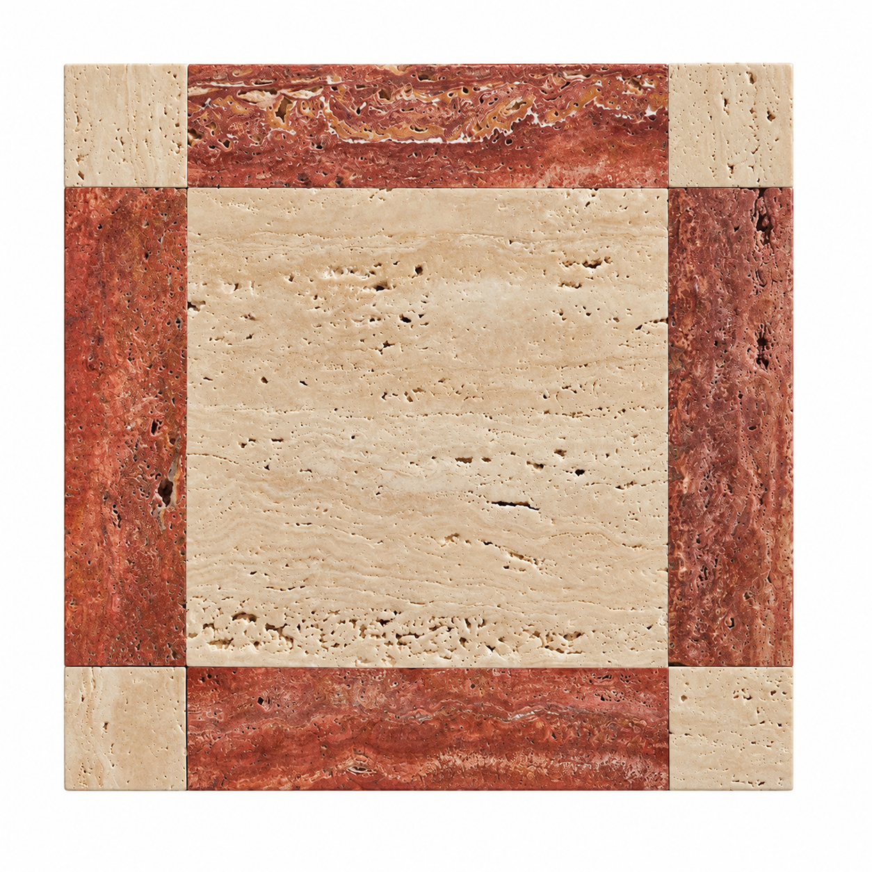 A square stone tile sample featuring a central light beige travertine panel surrounded by a border of reddish-brown and cream stone sections, shown on a plain white background.