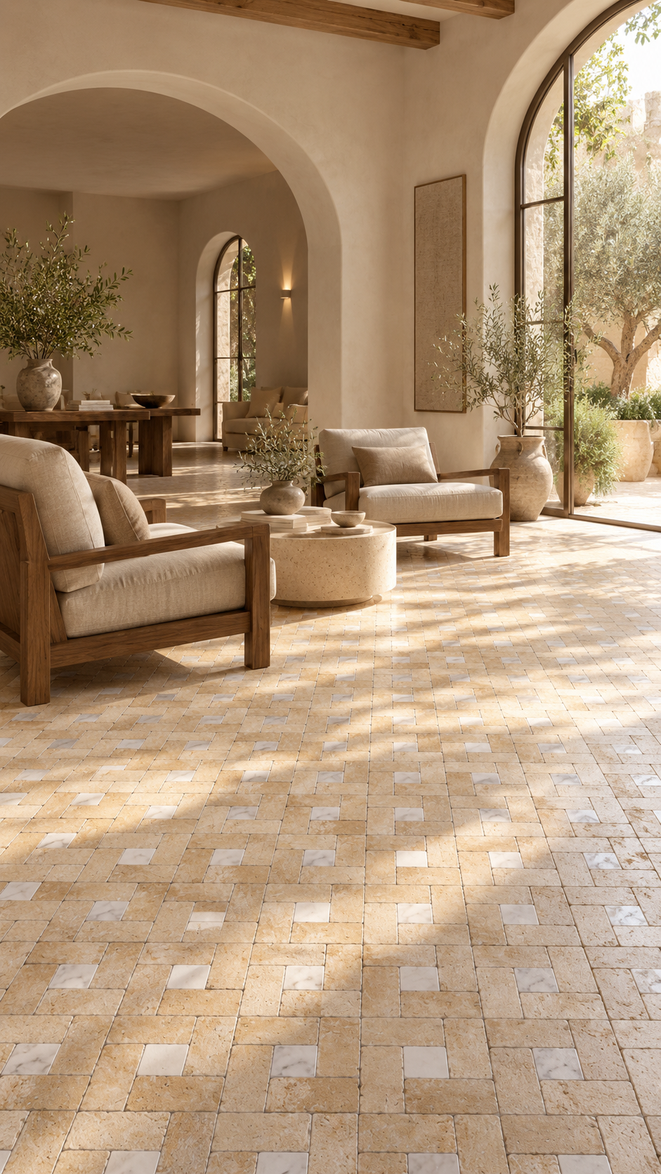 A warm, sunlit interior patio or courtyard with terracotta and beige stone pavers on the floor, framed by arches and large windows. Comfortable wooden armchairs with cream cushions are arranged around a round coffee table, with potted plants and natural light casting soft shadows across the space.