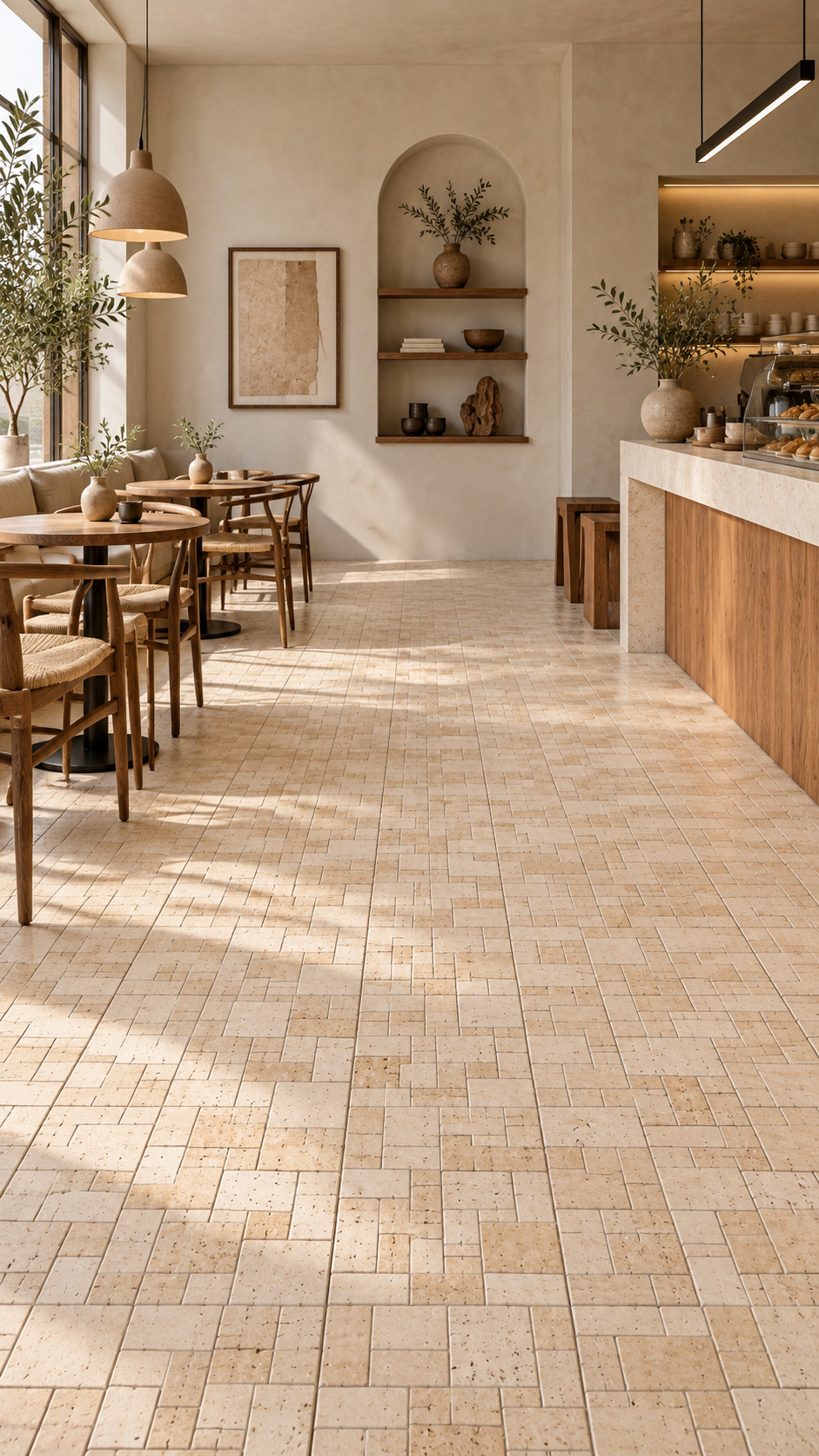 A modern interior space with light beige stone tile flooring, featuring wooden dining tables and chairs on the left and a kitchen counter on the right, with warm natural light streaming in from large windows.