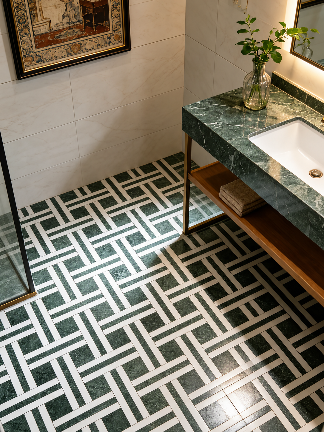 A modern bathroom interior featuring a geometric patterned floor in dark green and white marble, a green marble countertop with a white sink, and a glass vase with green stems on the counter.
