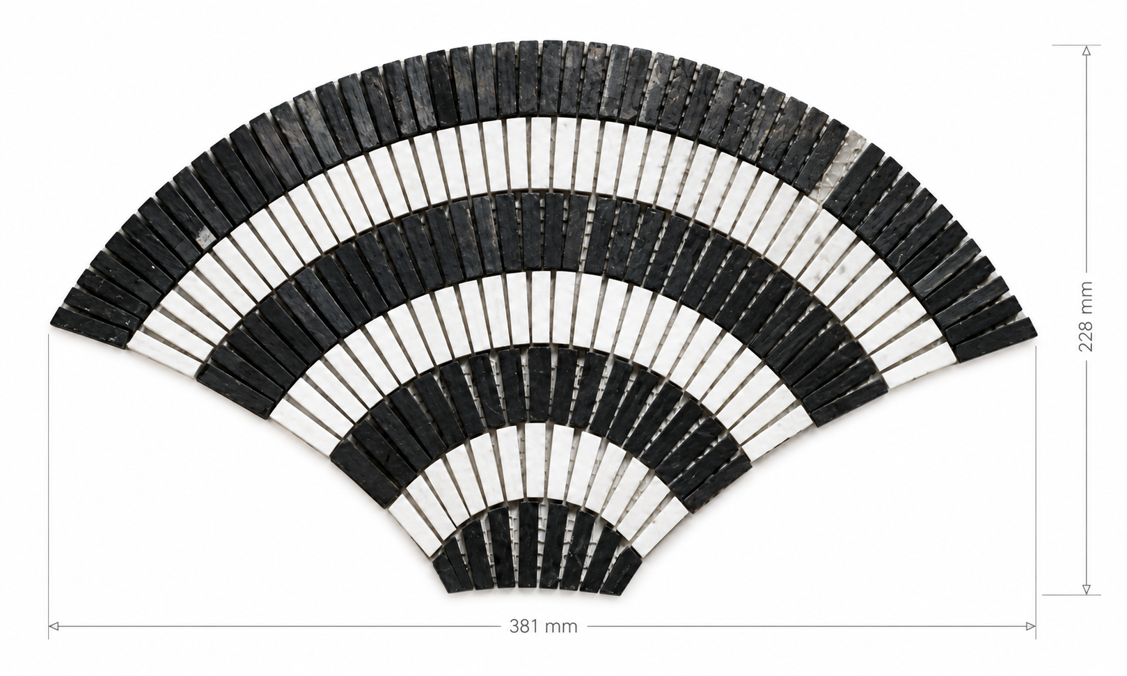 A black and white striped folding fan shown on a white background with dimension lines indicating 381 mm width and 228 mm height.