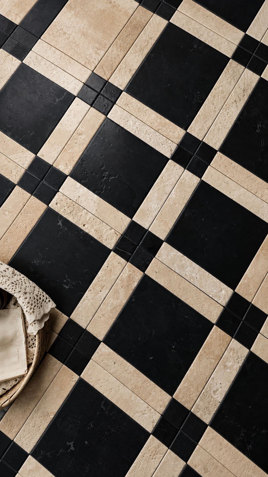 Black and beige checkered tile floor pattern with a small woven basket and folded fabric visible in the lower-left corner.
