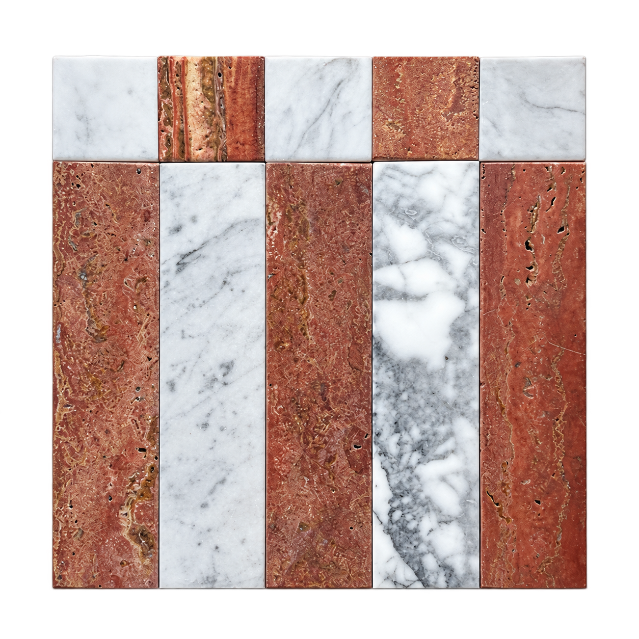 A square tile sample featuring alternating vertical stripes of warm coppery travertine and white marble with gray veining.