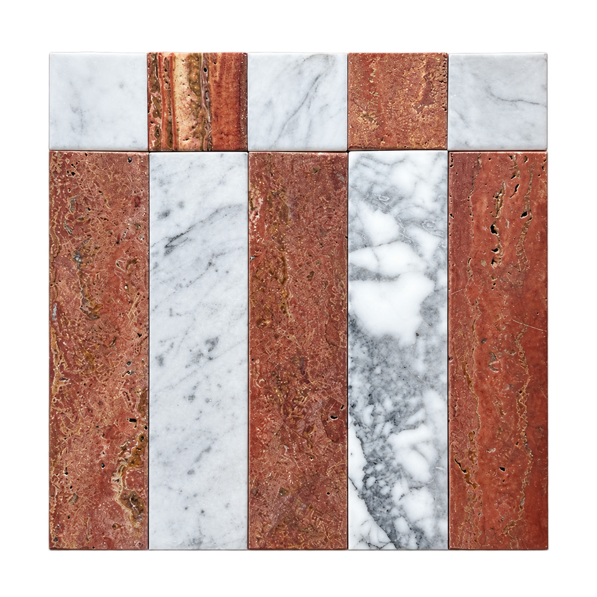 A square tile sample featuring alternating vertical stripes of warm coppery travertine and white marble with gray veining.