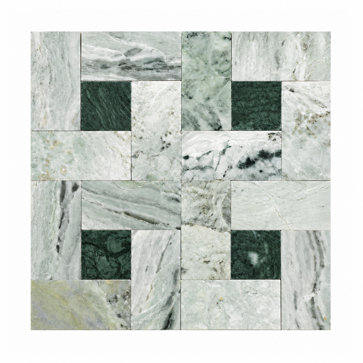A square mosaic tile sheet featuring a patchwork arrangement of pale green, white, and dark forest green marble tiles with natural veining and texture.