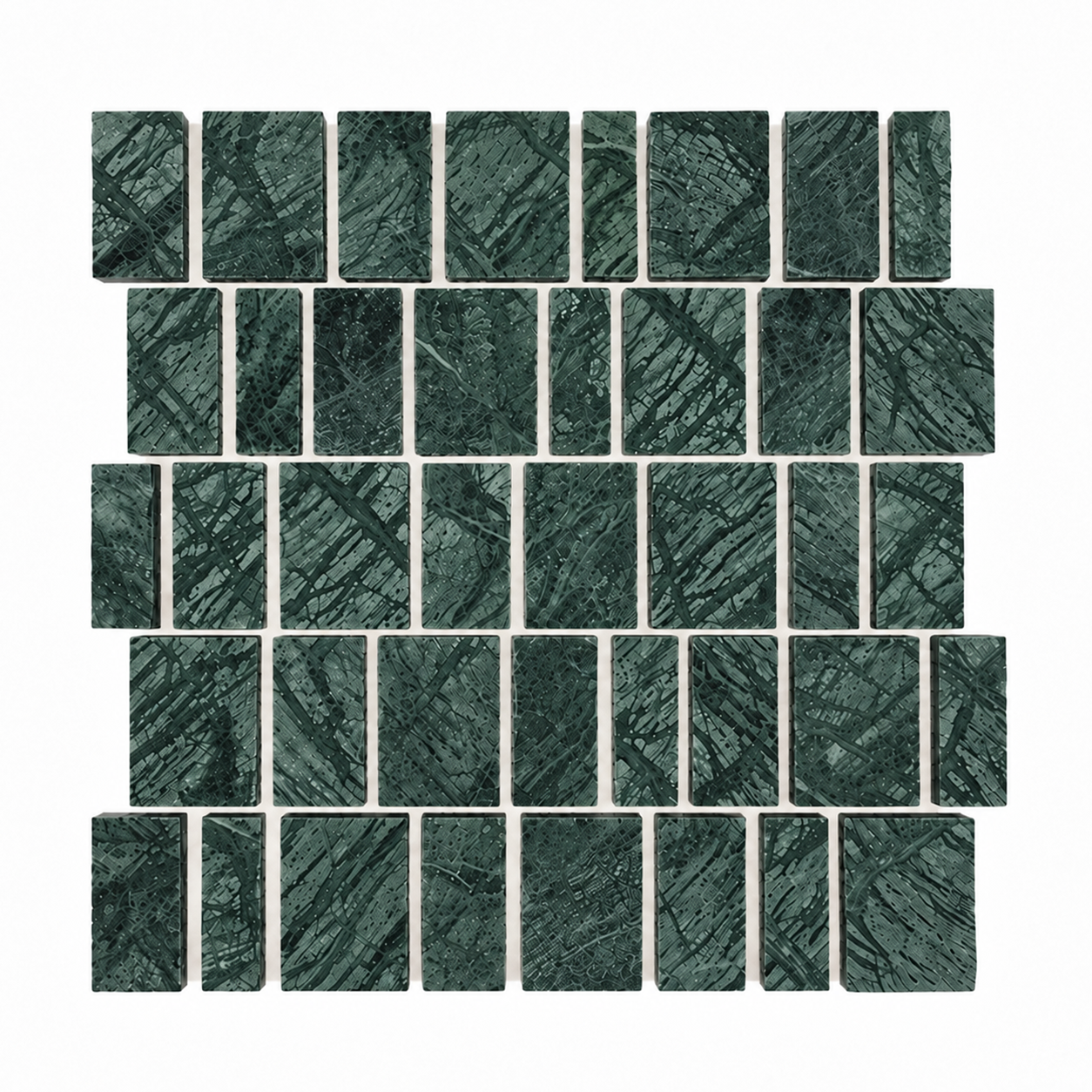 A set of rectangular dark green stone mosaic tiles with a textured, veined pattern, arranged in a staggered brick layout on a plain white background.