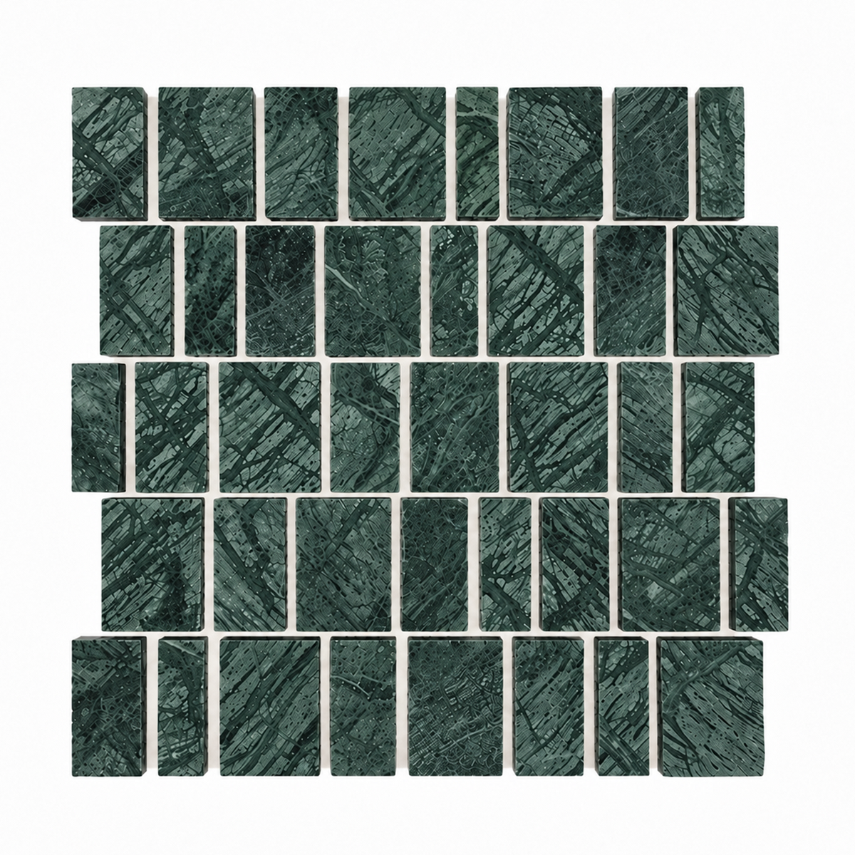A set of rectangular dark green stone mosaic tiles with a textured, veined pattern, arranged in a staggered brick layout on a plain white background.
