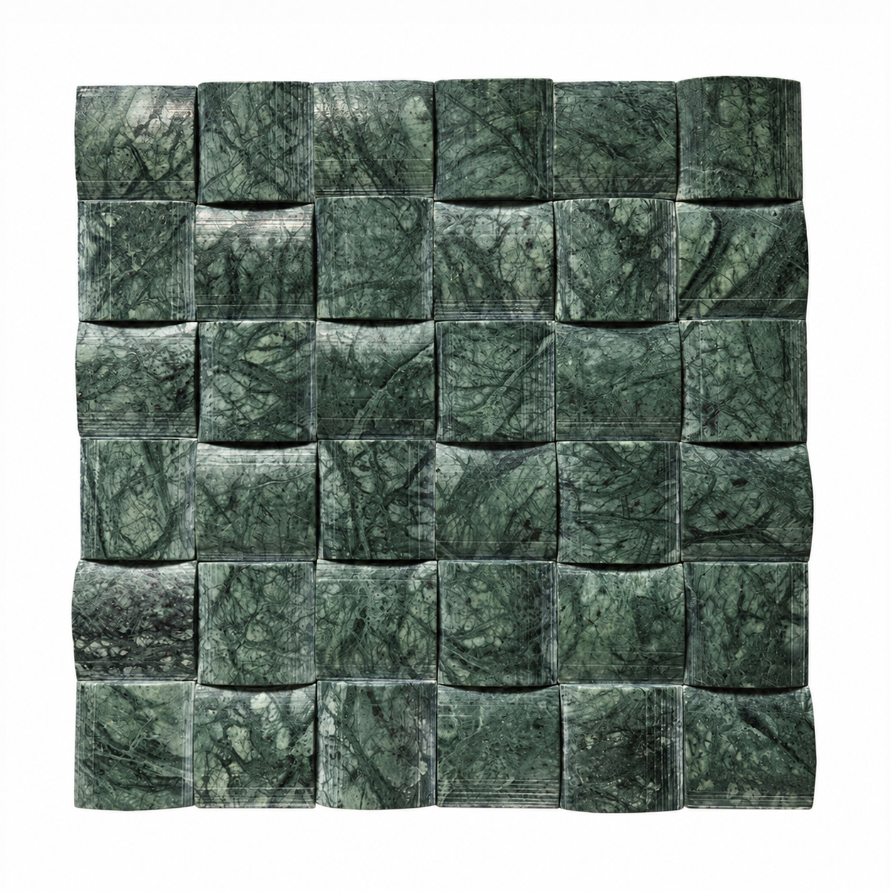 A square mosaic tile panel made of raised green stone cubes with a marbled texture, shown against a plain white background.