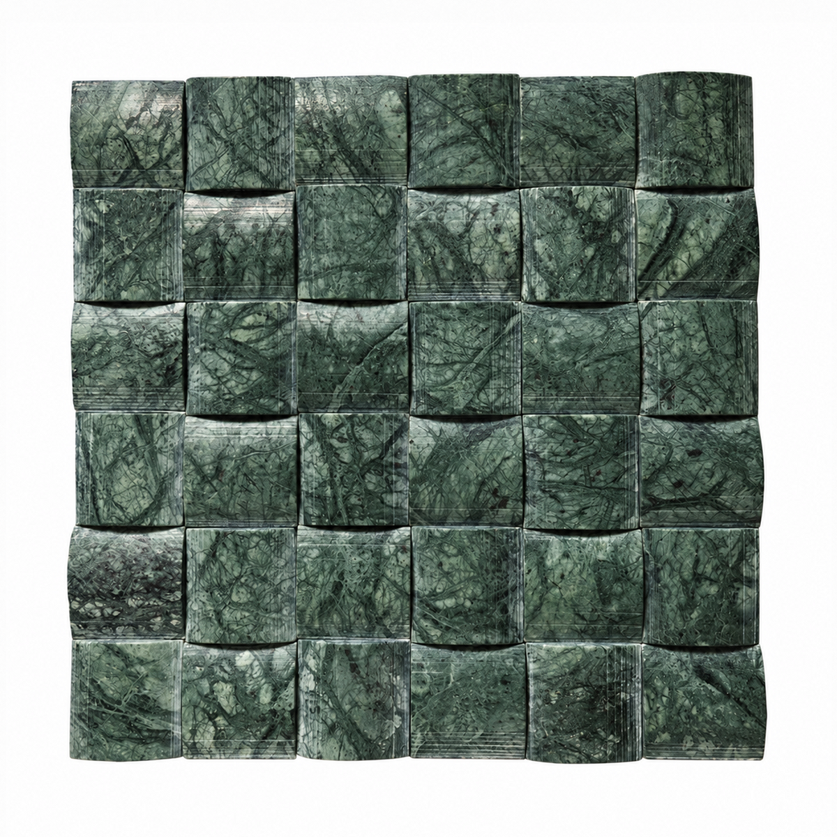 A square mosaic tile panel made of raised green stone cubes with a marbled texture, shown against a plain white background.