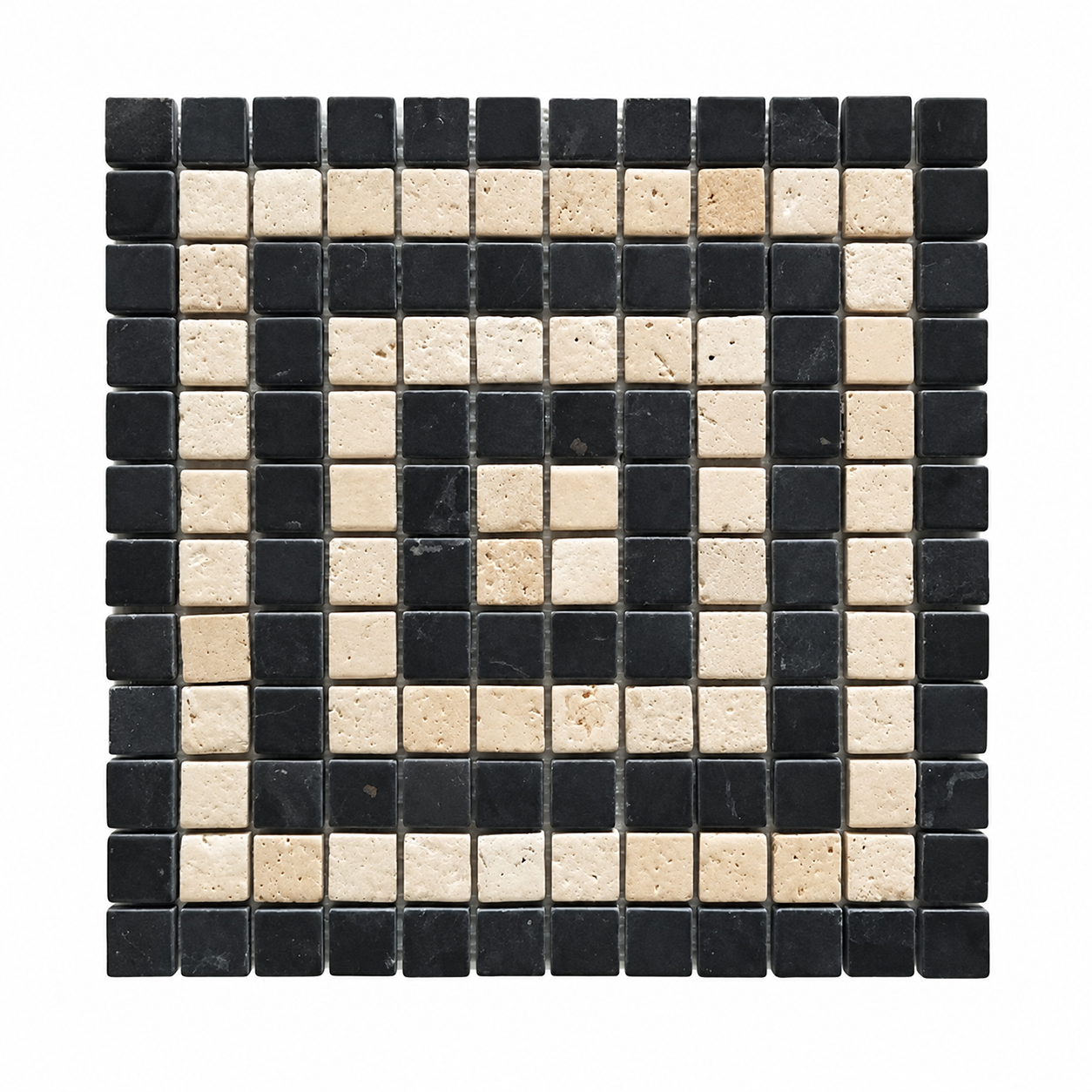 A square mosaic tile sample featuring a geometric pattern of alternating black and beige stone tiles.