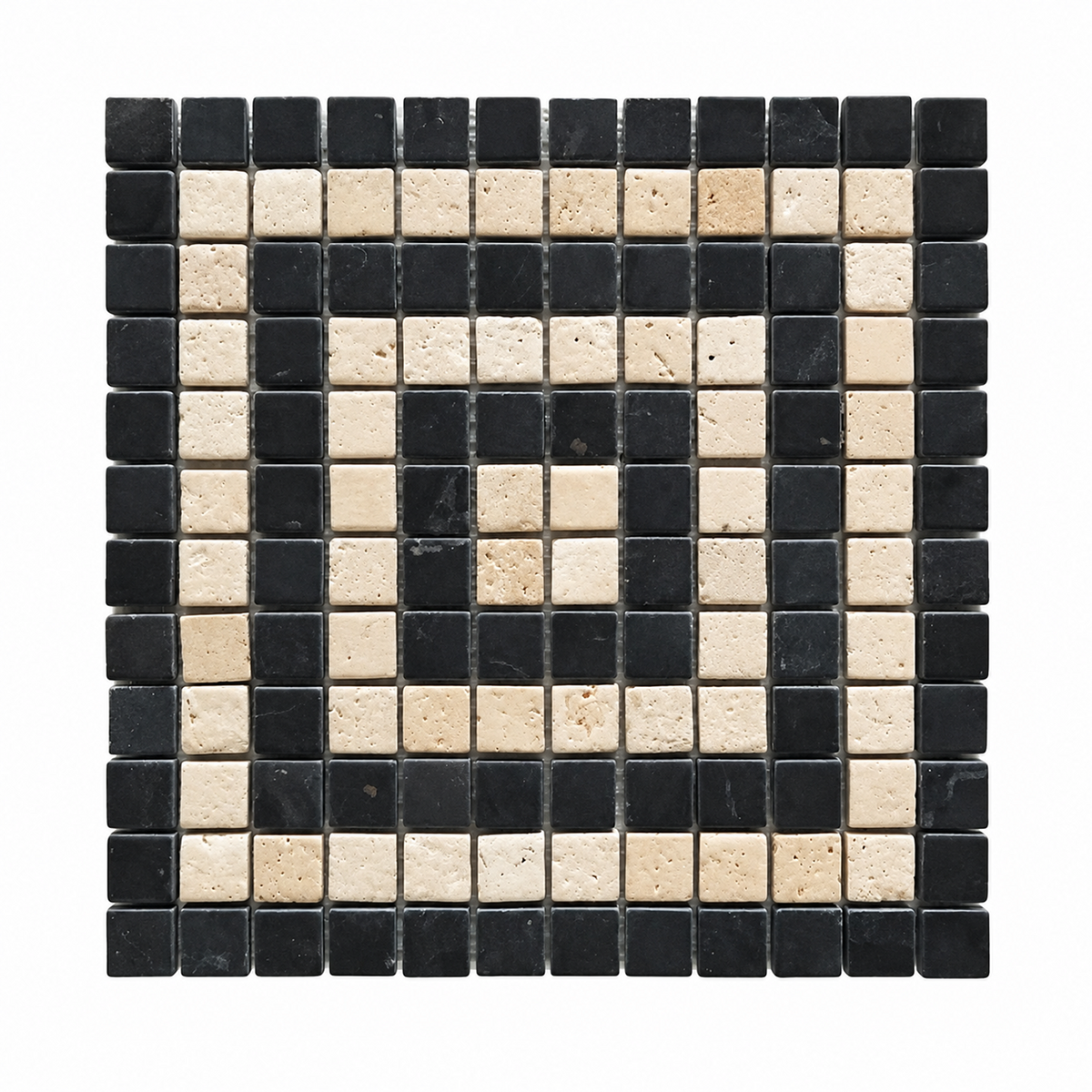 A square mosaic tile sample featuring a geometric pattern of alternating black and beige stone tiles.