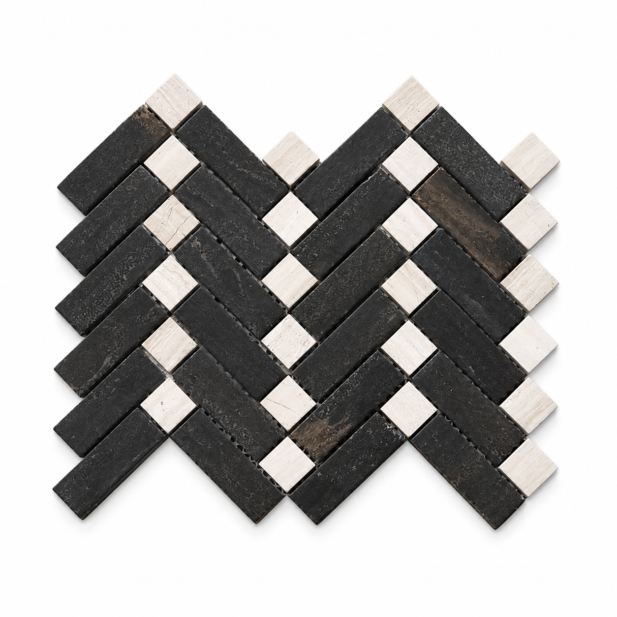 Black and white herringbone mosaic tile sheet on a solid white background.