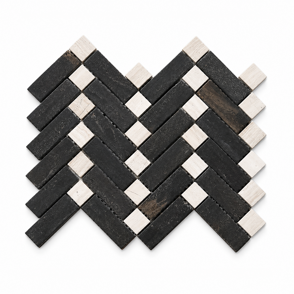Black and white herringbone mosaic tile sheet on a solid white background.