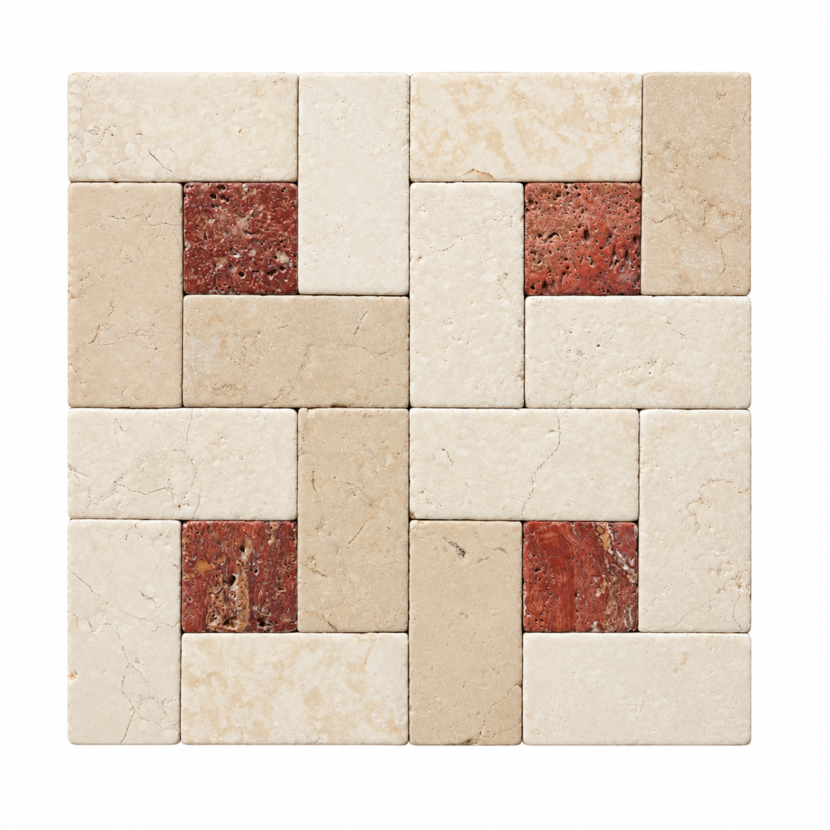 A square mosaic tile sample featuring a geometric interlocking pattern of light beige travertine tiles and four reddish-brown stone accent tiles, shown on a plain white background.