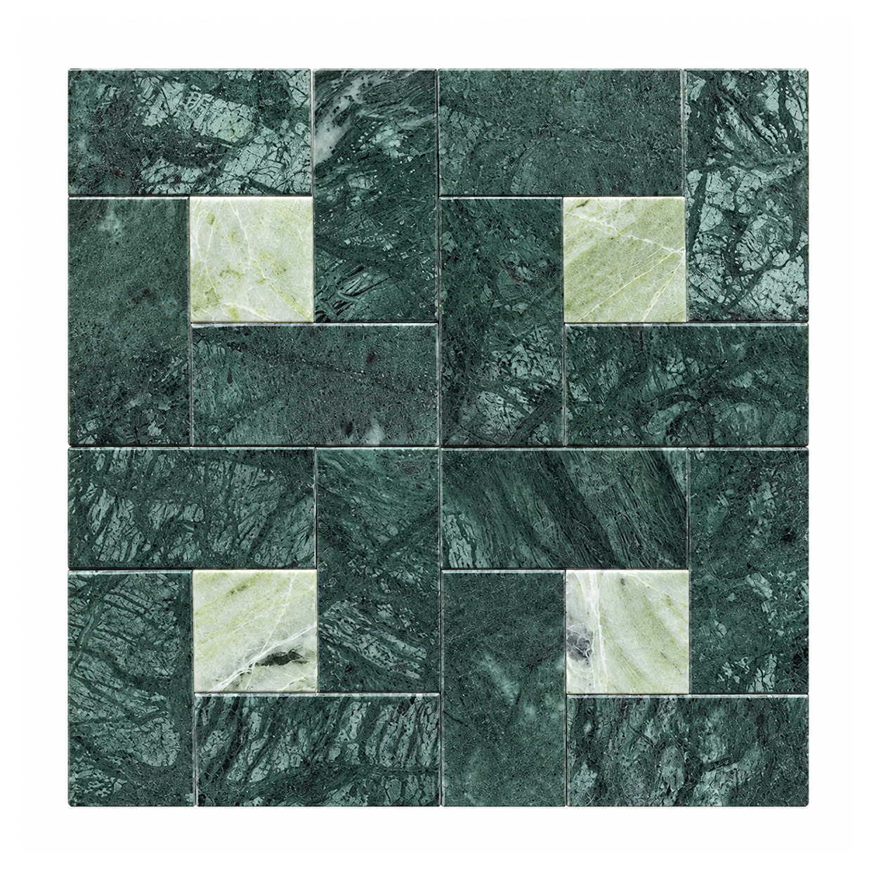 Dark green marble mosaic tile sheet featuring a geometric pattern with dark green stone and four light beige marble accent squares.