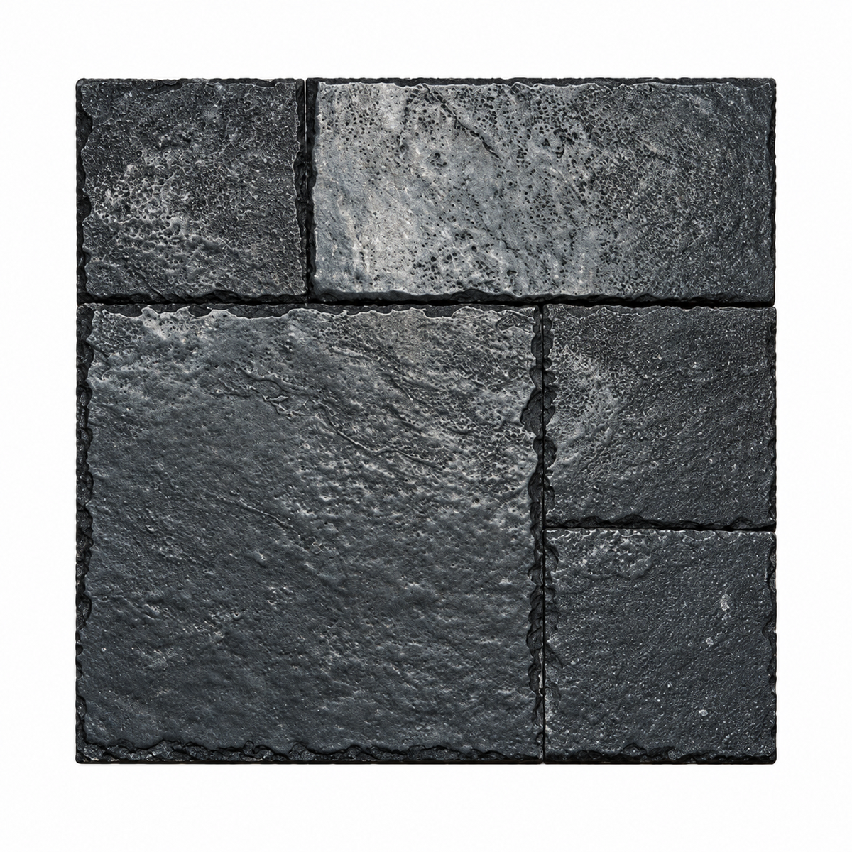 Dark charcoal gray slate tiles arranged in a grid pattern, showcasing a textured, natural stone surface with dark grout lines, isolated on a white background.