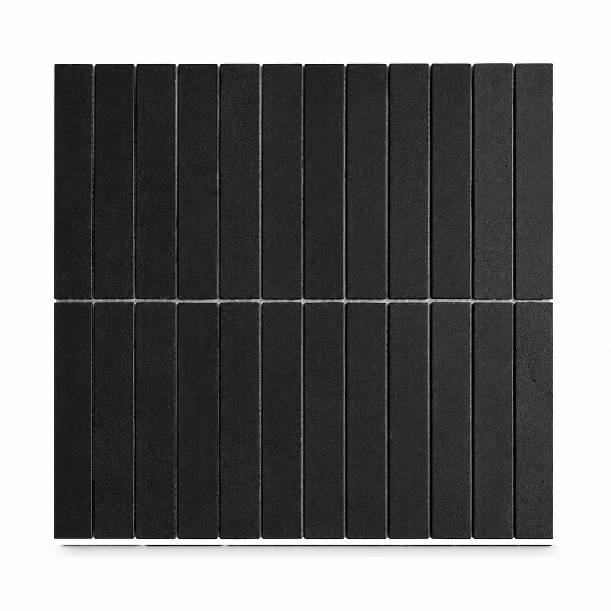 A square black mosaic tile sheet composed of 18 vertical rectangular slabs arranged in a 3-by-6 grid, shown against a plain white background.