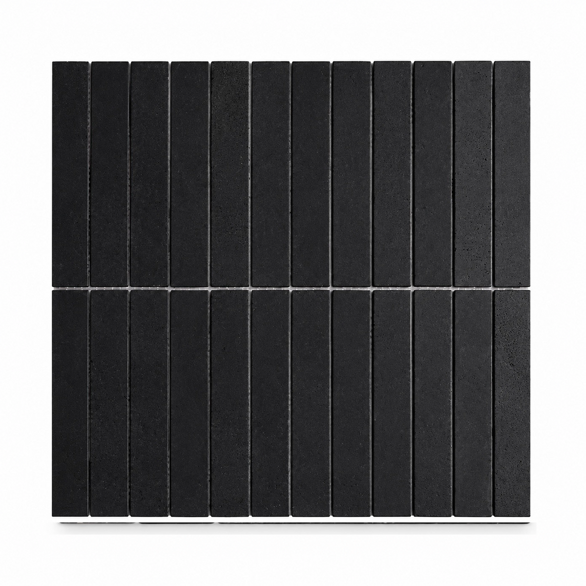 A square black mosaic tile sheet composed of 18 vertical rectangular slabs arranged in a 3-by-6 grid, shown against a plain white background.