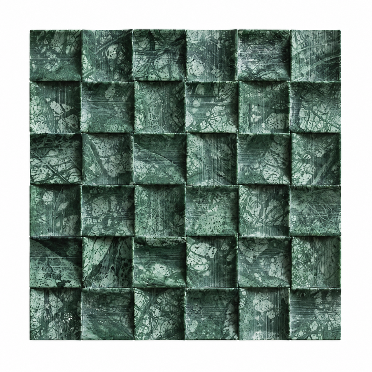 A square wall panel featuring a 5x5 grid of raised square tiles with a distressed, textured green and gray bark-like pattern, shown against a plain white background.