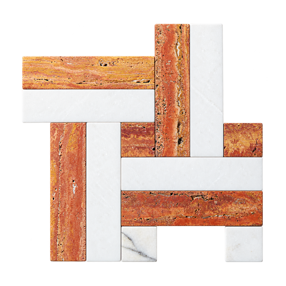 A geometric mosaic tile arrangement featuring textured terracotta and rust-orange stone strips interlaced with smooth white marble and white tiles, set against a plain white background.