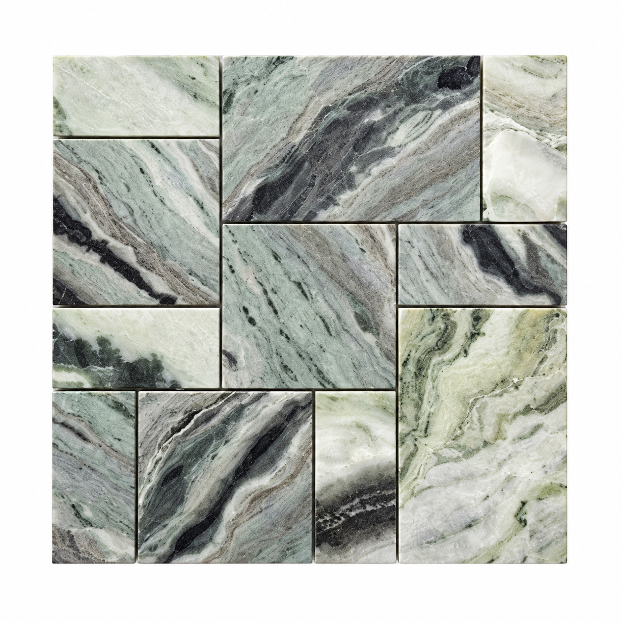A square mosaic tile sheet featuring multiple rectangular stone slabs with natural marble-like veining in shades of sage green, gray, white, and black.
