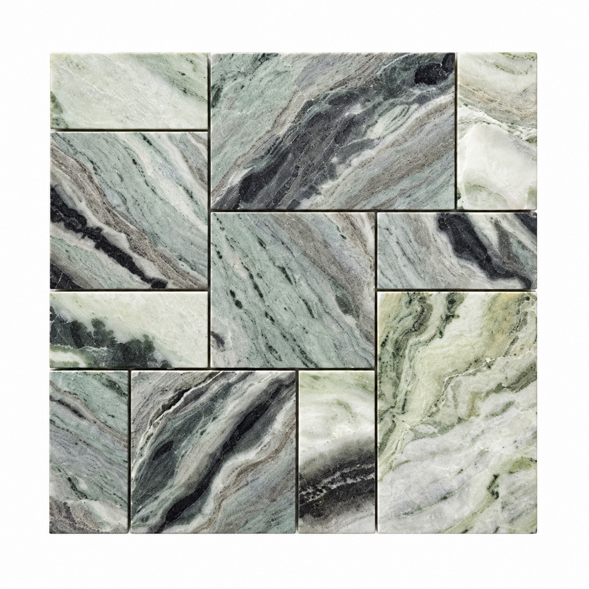 A square mosaic tile sheet featuring multiple rectangular stone slabs with natural marble-like veining in shades of sage green, gray, white, and black.
