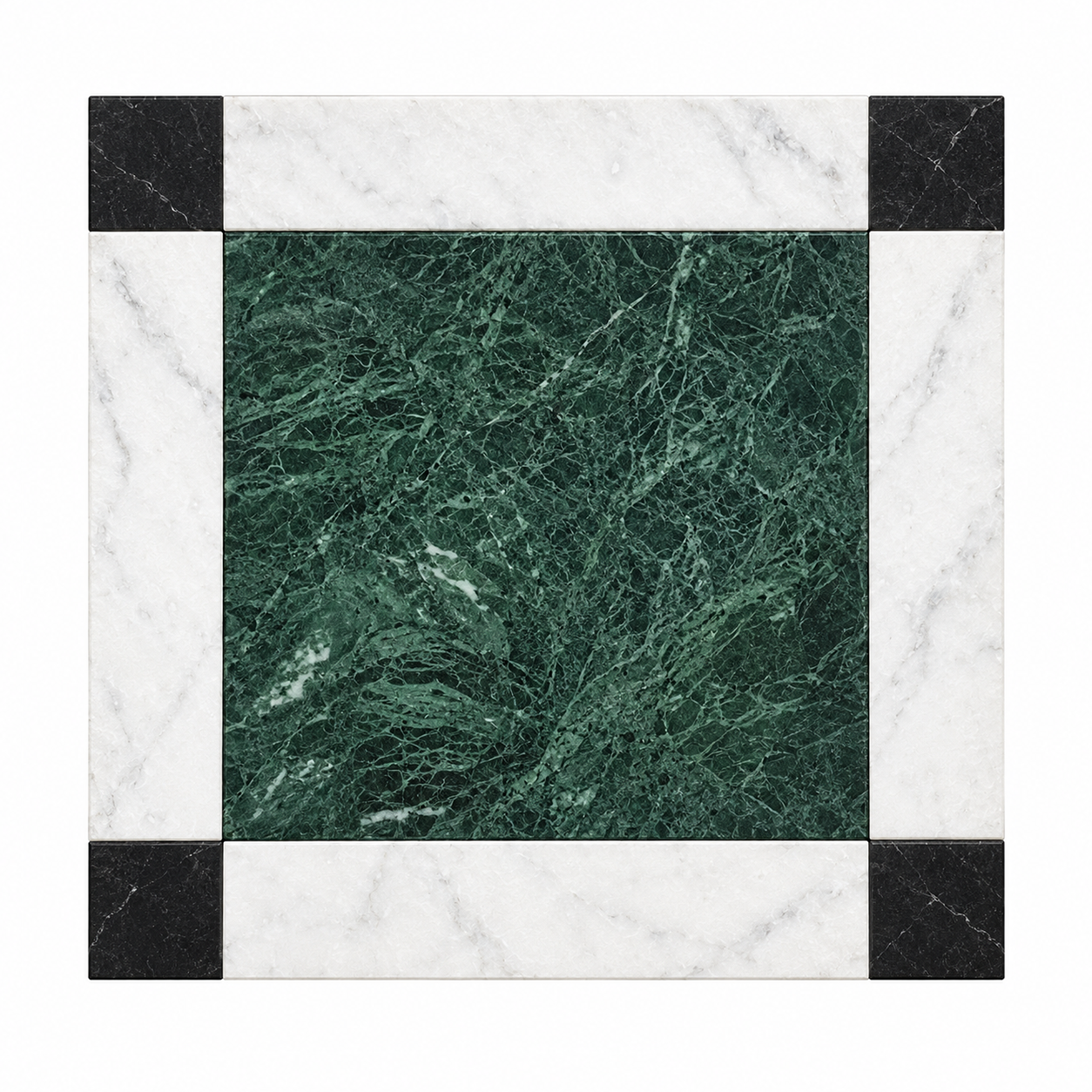 A square marble tile featuring a dark green central panel with natural veining, surrounded by a white marble border with black corner accents.