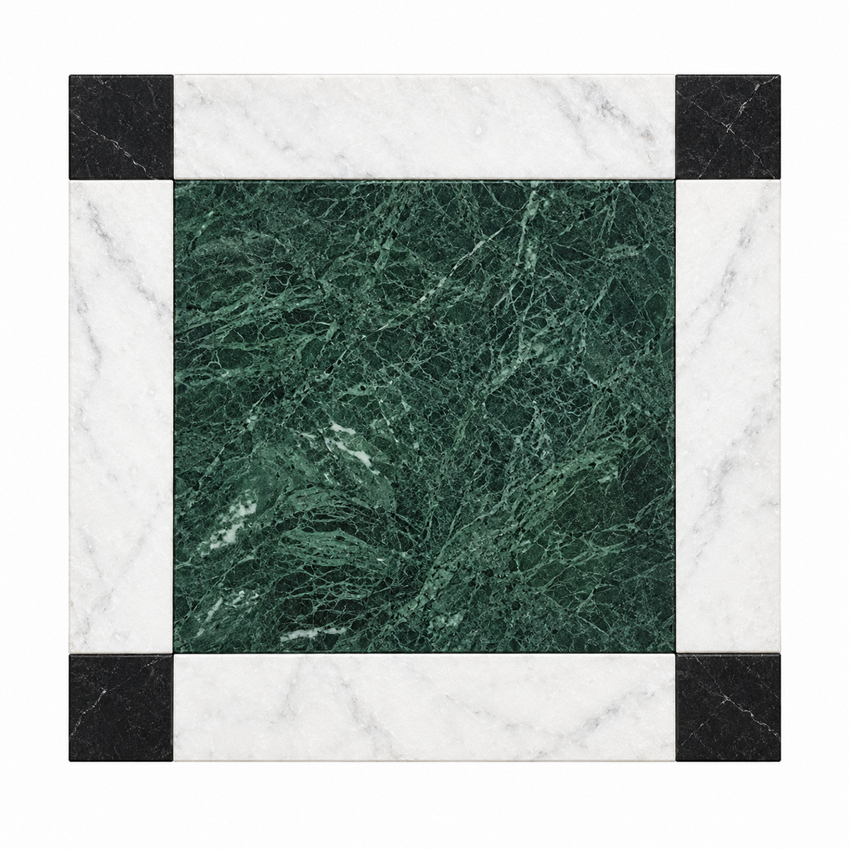 A square marble tile featuring a dark green central panel with natural veining, surrounded by a white marble border with black corner accents.