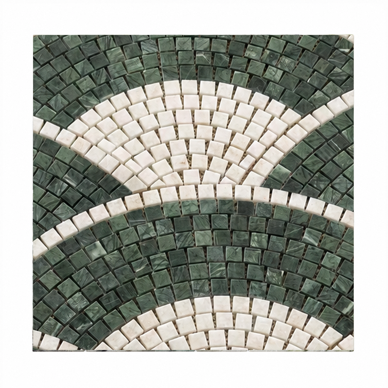 A square mosaic tile sample featuring a geometric wave pattern with dark green marble-like tiles and off-white rectangular tiles.