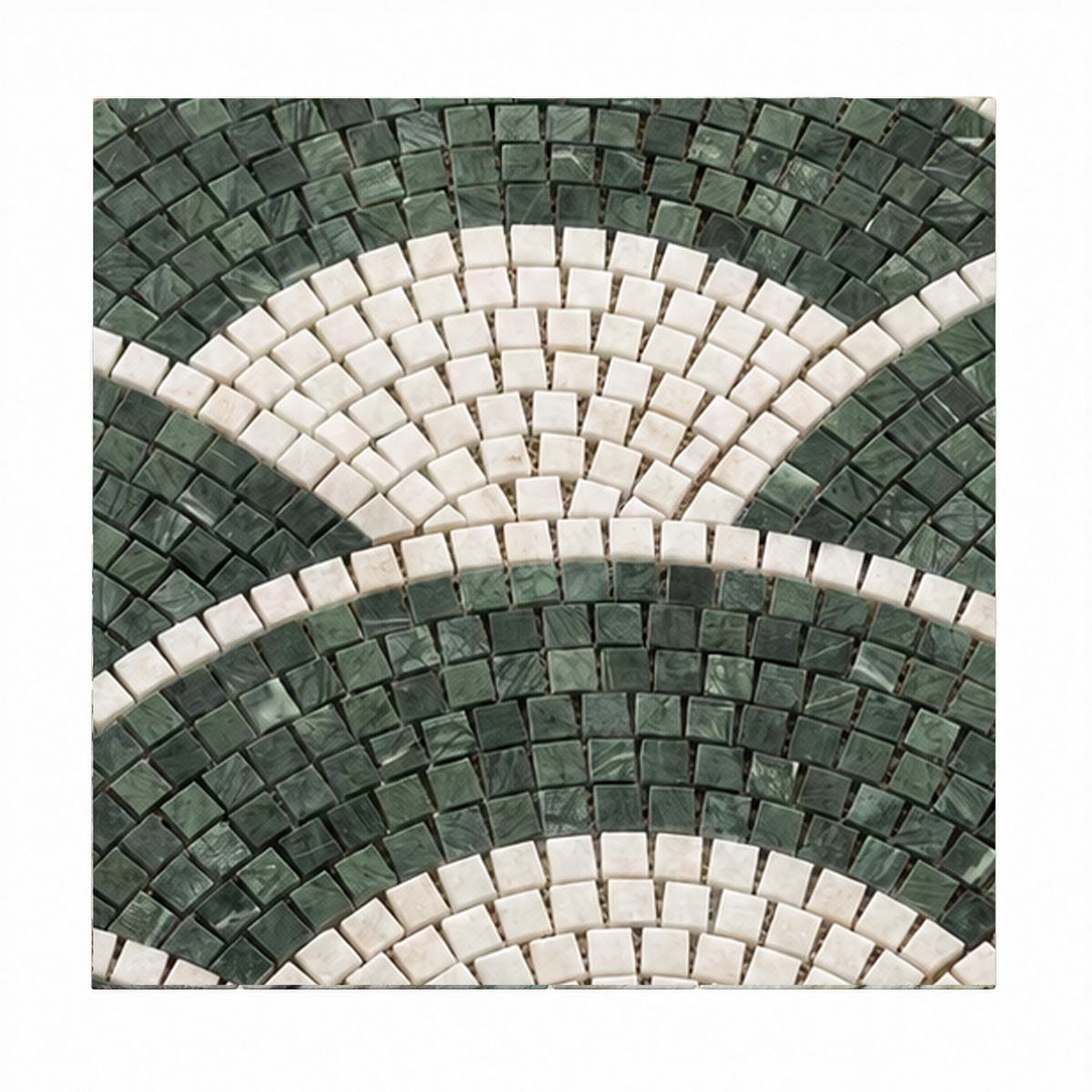 A square mosaic tile sample featuring a geometric wave pattern with dark green marble-like tiles and off-white rectangular tiles.