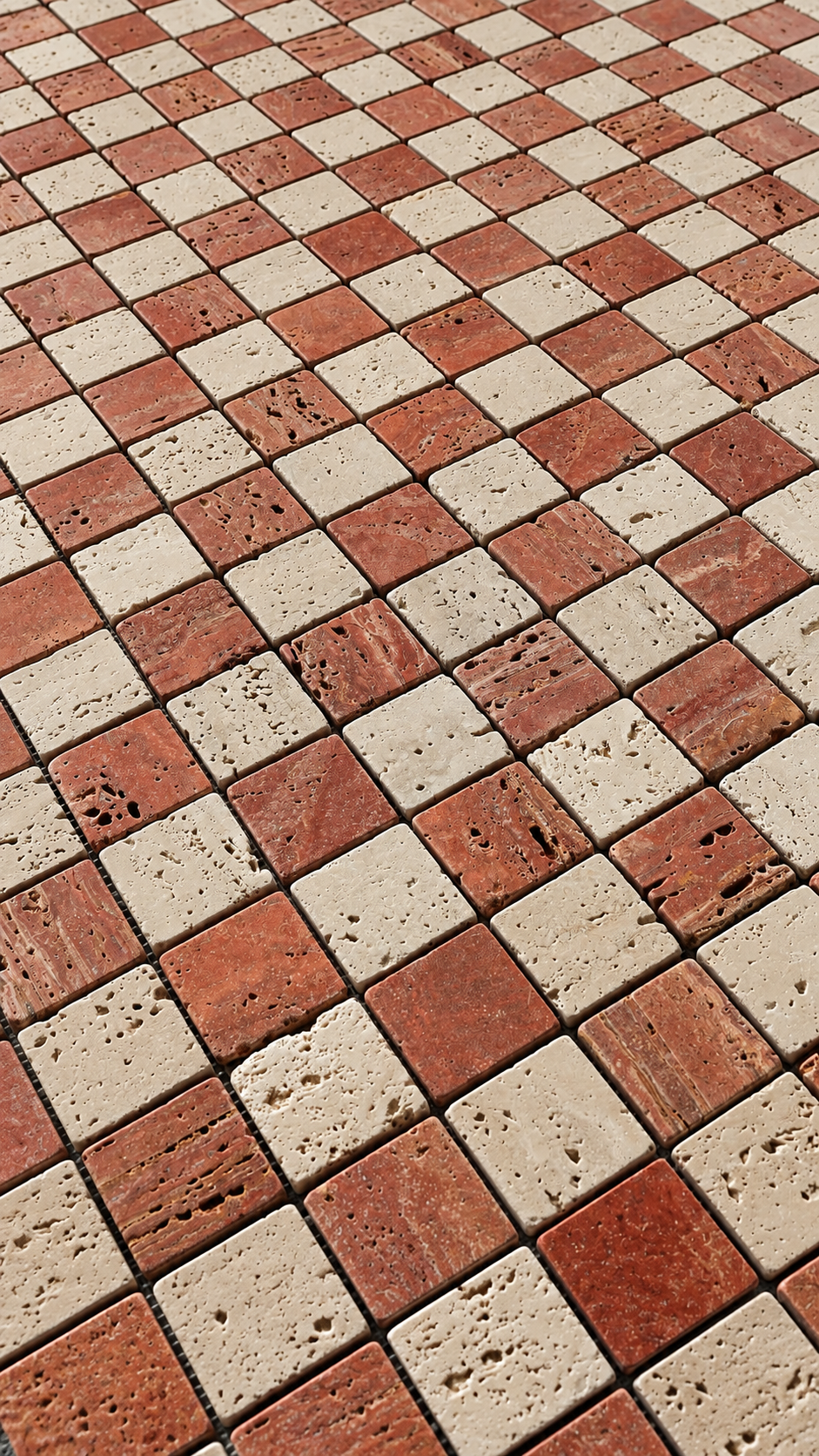 Checkerboard pattern mosaic tile floor featuring alternating square tiles in warm terracotta red and light beige travertine stone.