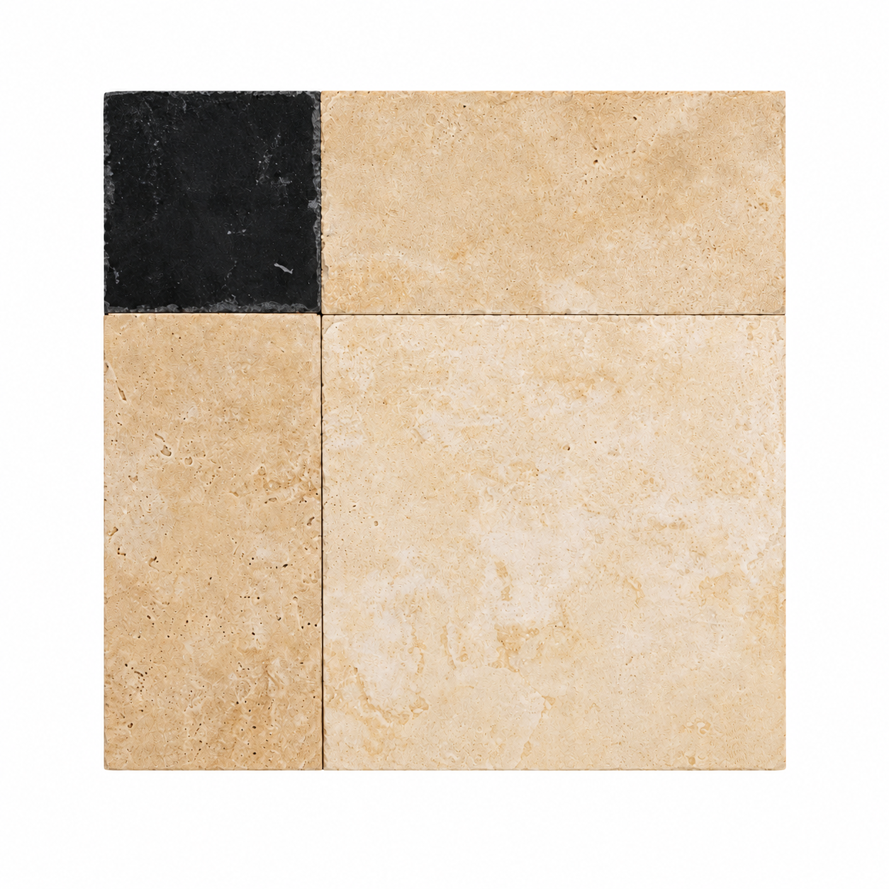 A square tile sample showing a beige travertine-style stone surface with a black stone tile in the top-left corner, isolated on a white background.