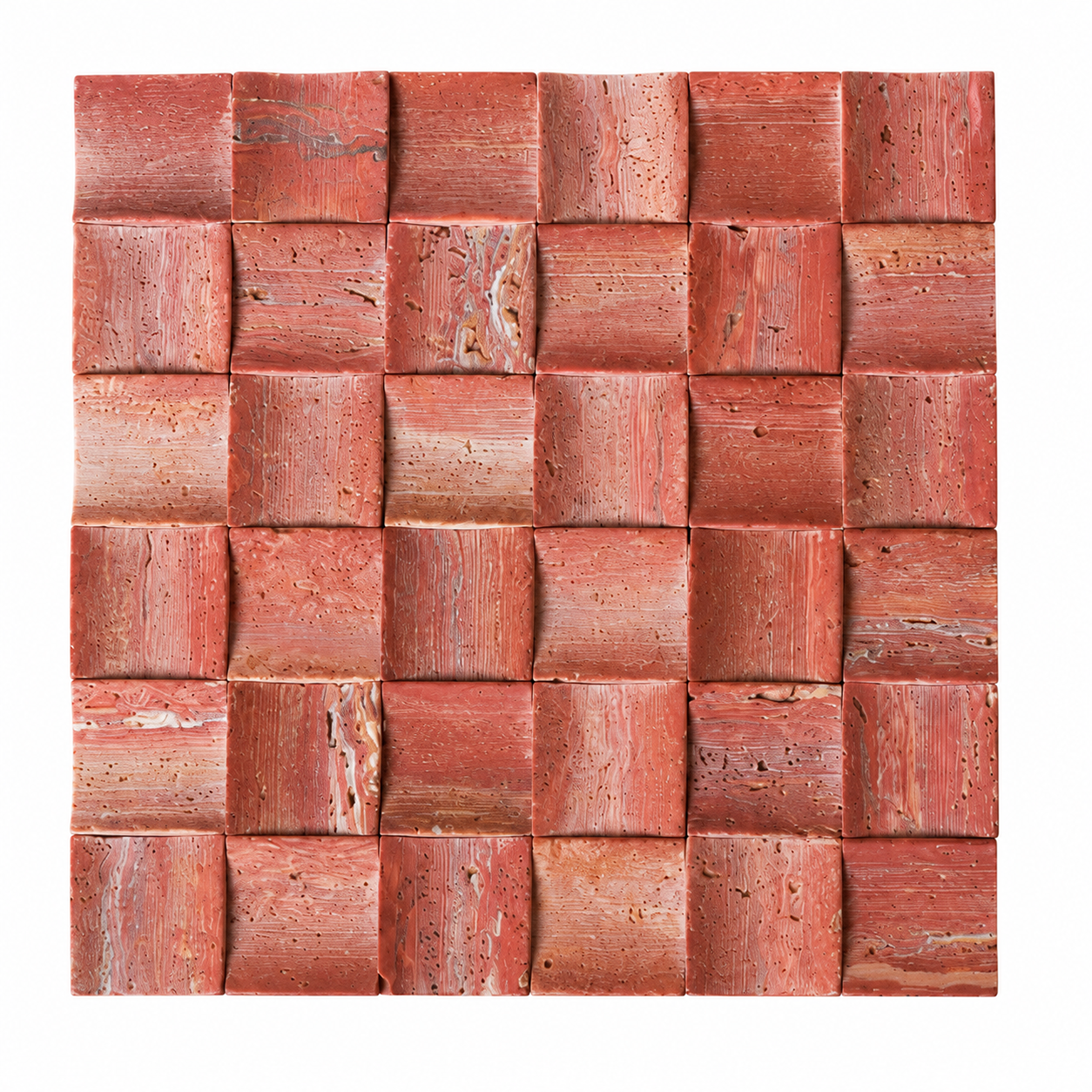 A square mosaic tile sheet featuring a 5x5 grid of textured terracotta and reddish-brown wooden cubes, shown against a plain white background.