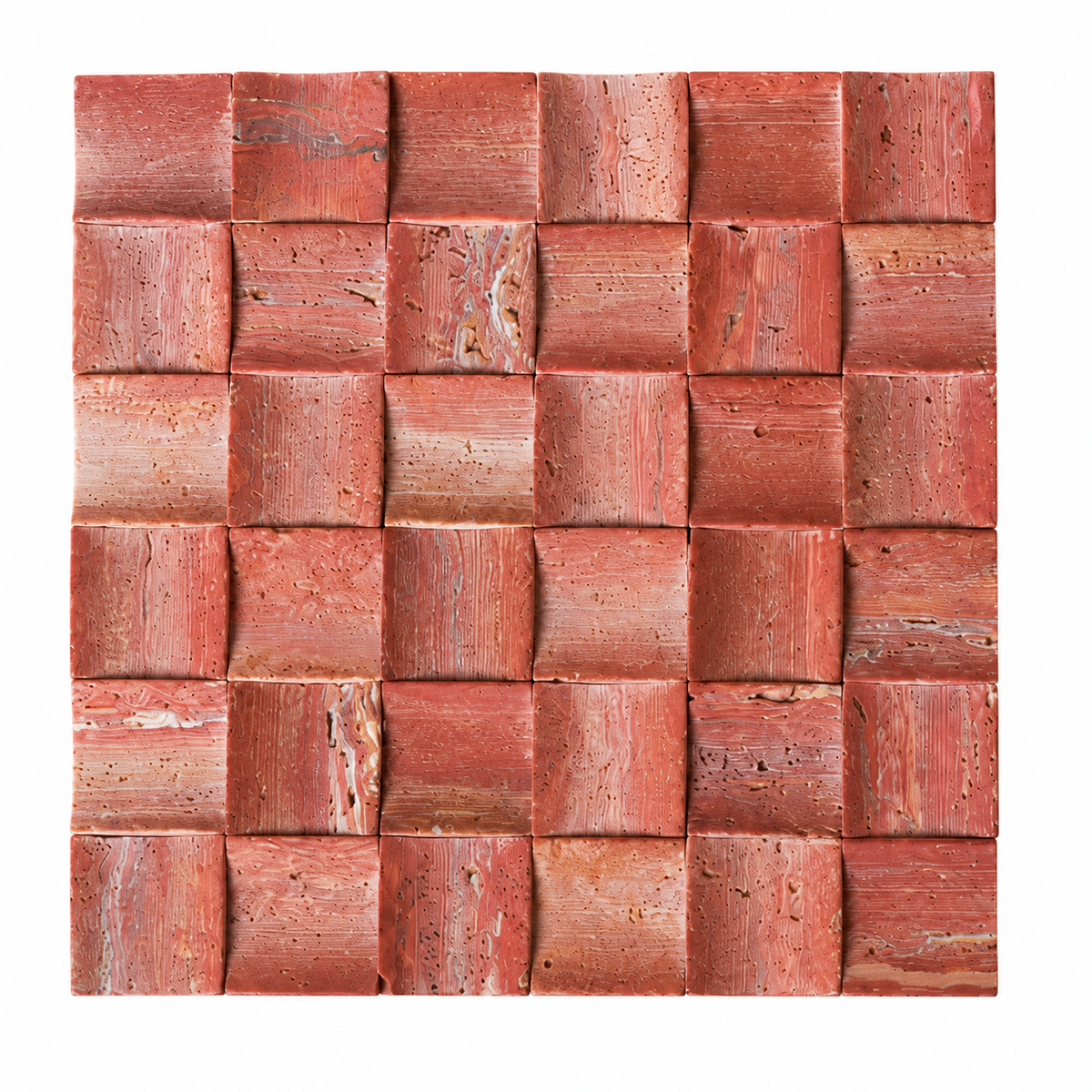 A square mosaic tile sheet featuring a 5x5 grid of textured terracotta and reddish-brown wooden cubes, shown against a plain white background.